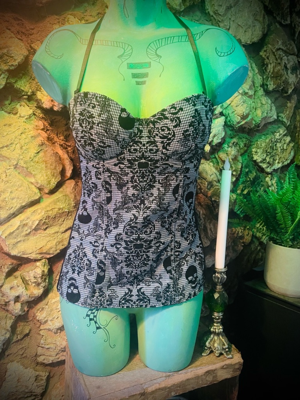 Black and White skull and damask Patterned Bustier Top - Picture 2 of 10